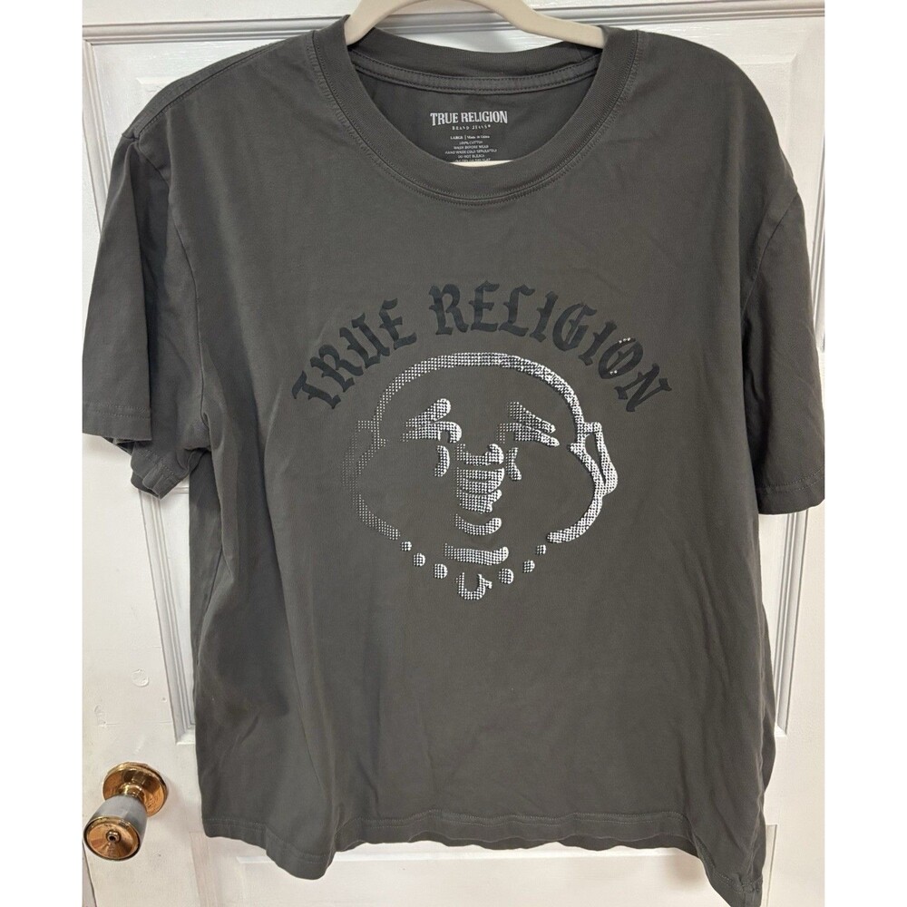 True Religion Buddha Metal Stud Tshirt  Gray Mens Size Large Short Sleeve NOTE**